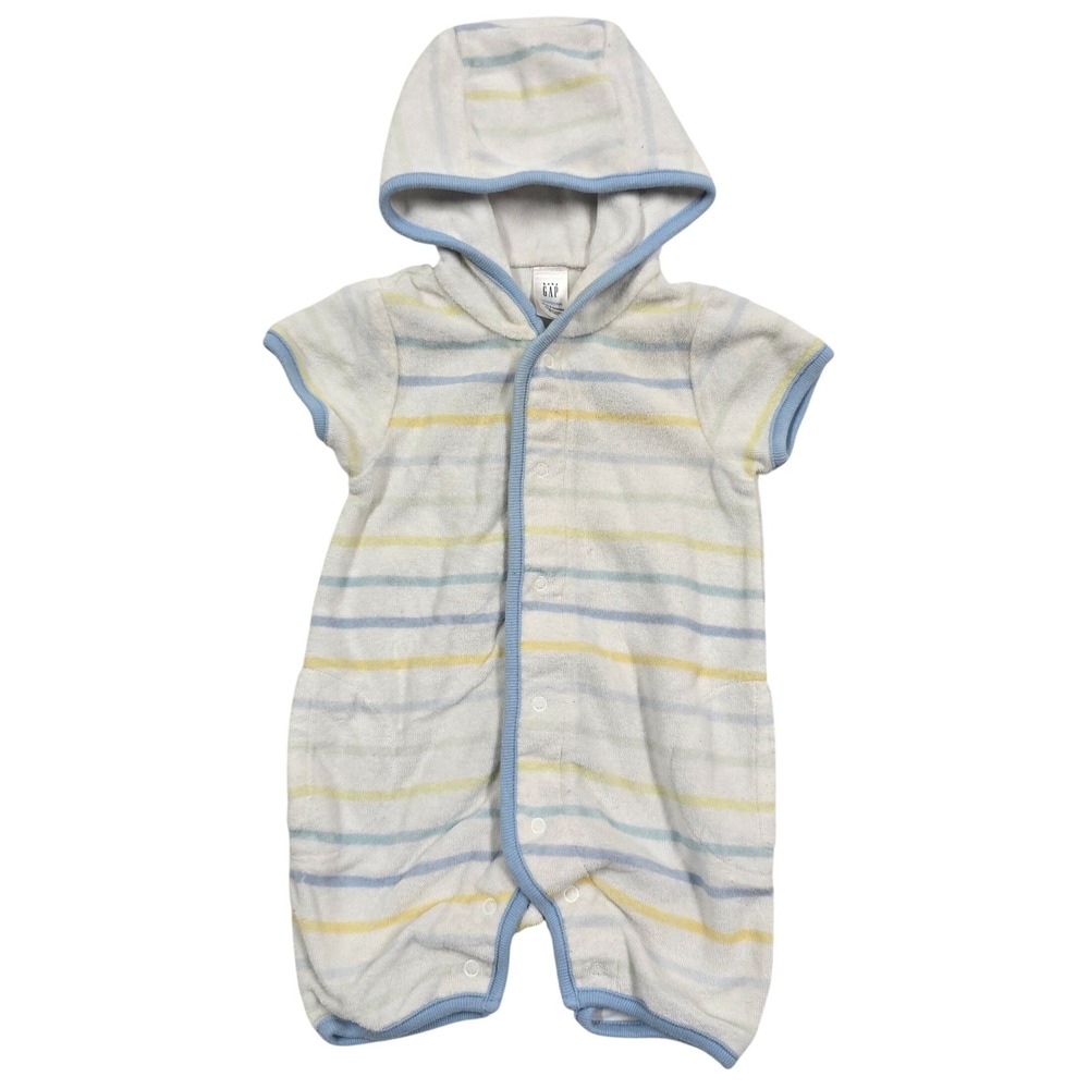 Vintage Baby Gap Boy Clothes Striped Terry Cloth Hooded Romper White Blue Yellow